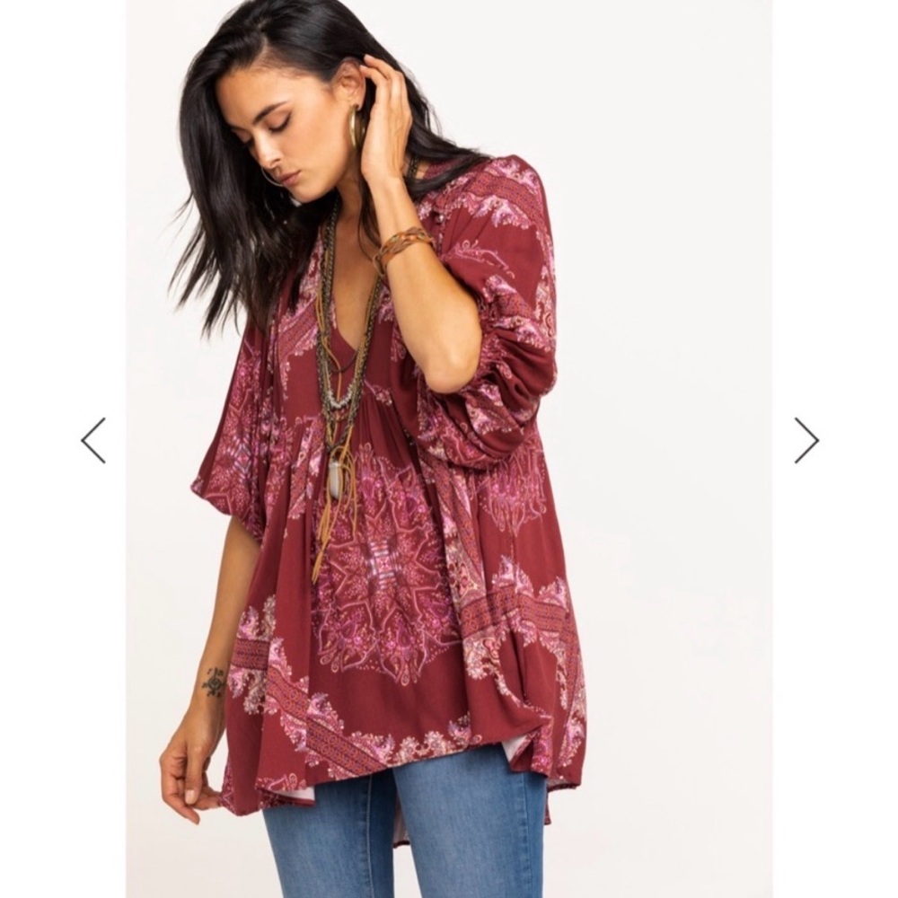 Free People Girl Talk Tunic Dress Boho Burgundy Pink Floral XS